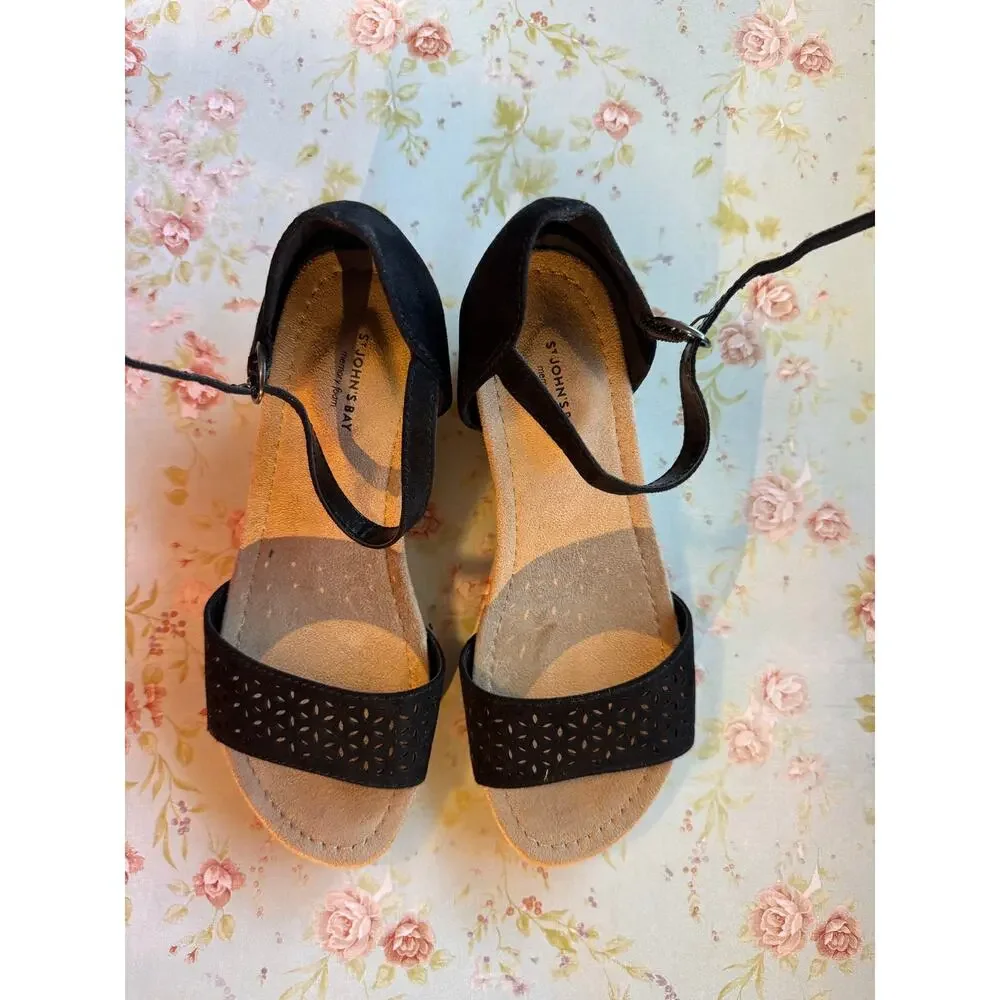 St. John’s Bay Black Cork Wedge Sandals 6.5 Memory Foam Cutout Ankle Strap